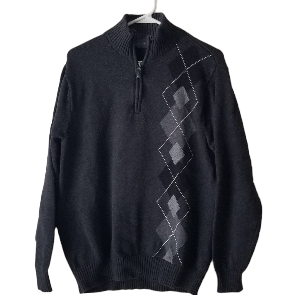 Oscar de la Renta Mock Neck 1/4 Zip Sweater Argyle Print Black/Grey Size M